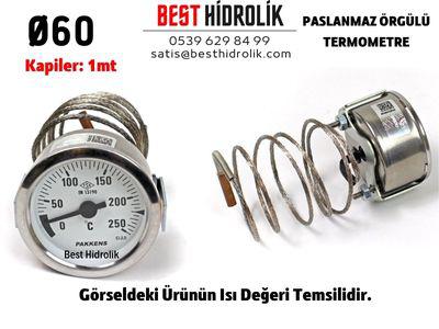 Ø60  0-350 °C  Arkadan Bağlantılı Pano Tip Gazlı Termometre 1mt Paslanmaz Örgülü