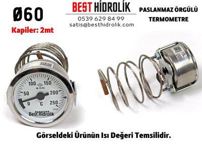 Ø60  0-350 °C  Arkadan Bağlantılı Pano Tip Gazlı Termometre 2mt Paslanmaz Örgülü